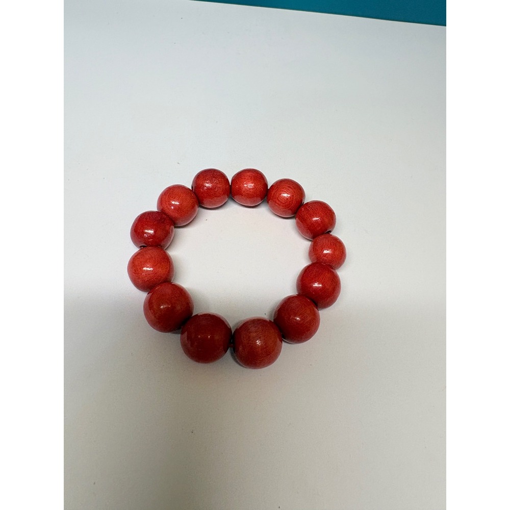 Red Wooden Bead Stretch Bracelet Large Round Natural Wood Boho